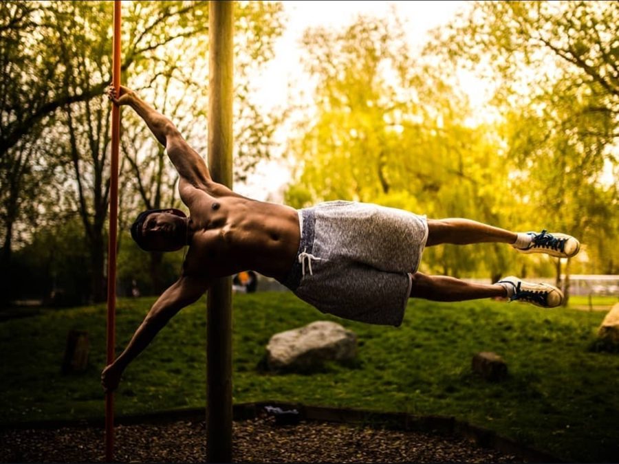 Dr Vepa holding a human flag on a pole in a park